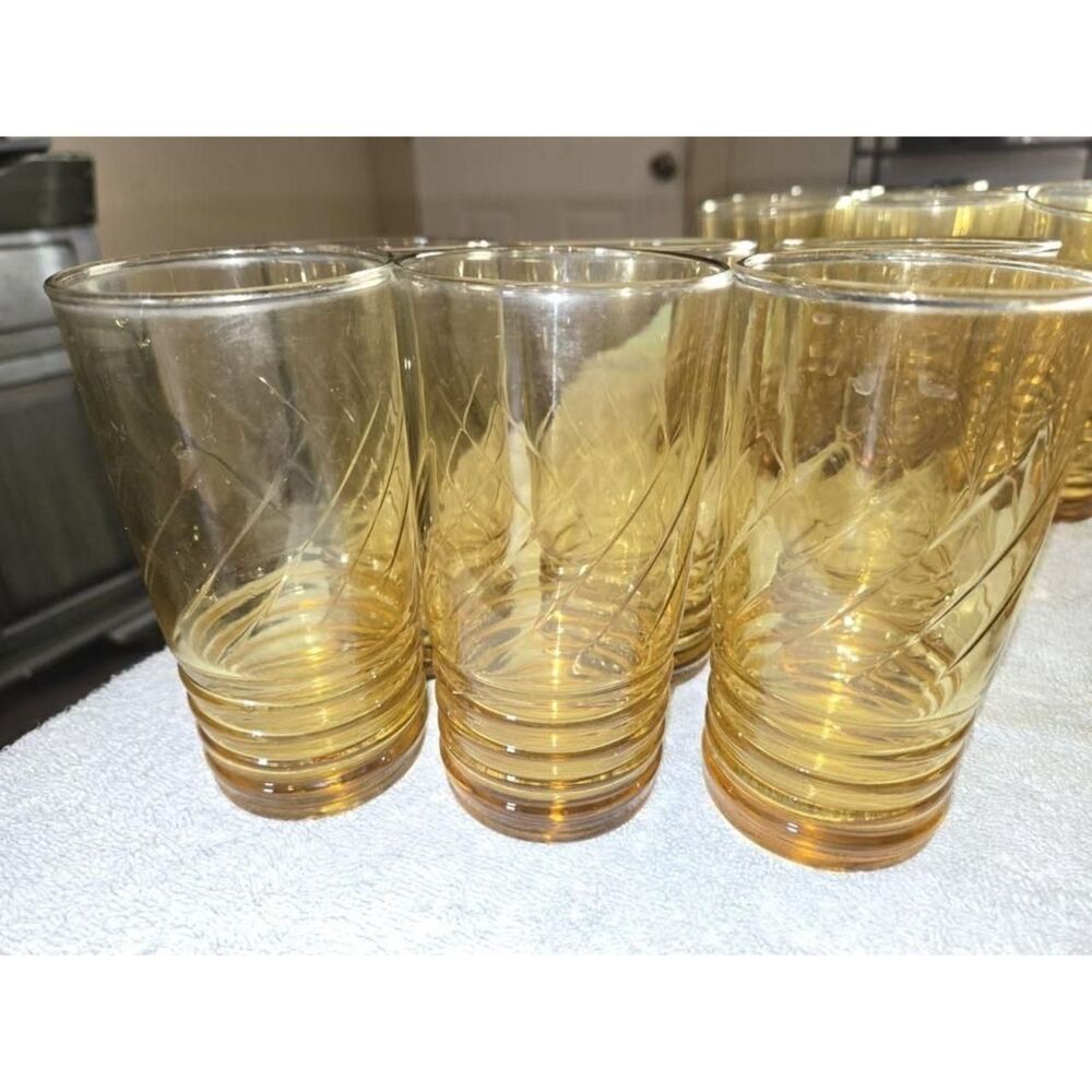 Vintage Libbey Amber Iced Tea Glasses Malibu Gold Set Of 6 Ribbed Swirl 12oz